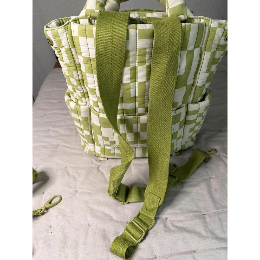 BEIS Elsa Hosk Quilted Diaper Backpack Green White Checkered with Changing Mat
